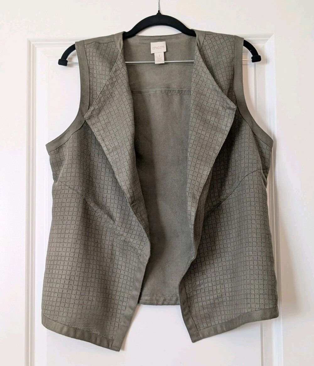 Chico's Size 1 Medium 8/10 Olive Green Faux Suede Open Front Flyaway Vest